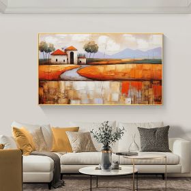 Hand Painted Oil Painting Abstract Village Oil Painting on Canvas Large Wall Art Original Minimalist Orange Landscape Art Custom Painting Boho Living (style: 1.0, size: 60x120cm)